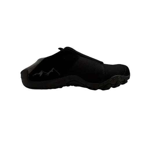 Black slip-on shoe on a white background