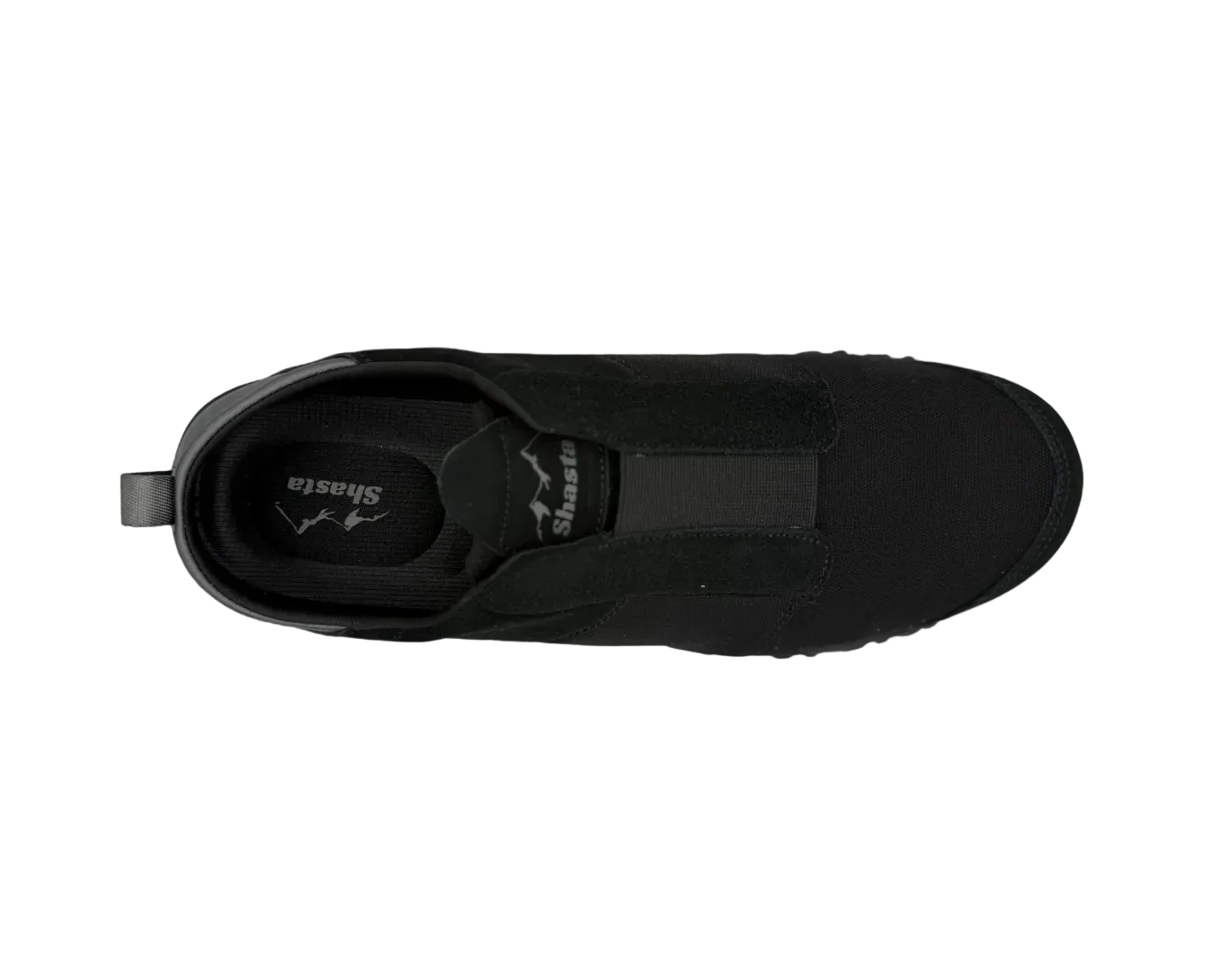Black slip-on shoe on a white background